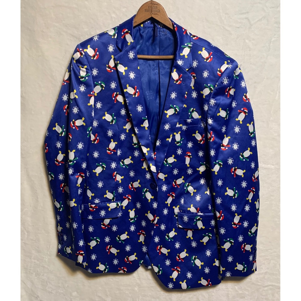 Suslo Couture Mens XL Blue Penguin Christmas Suit Jacket Blazer Slim Fit Ugly